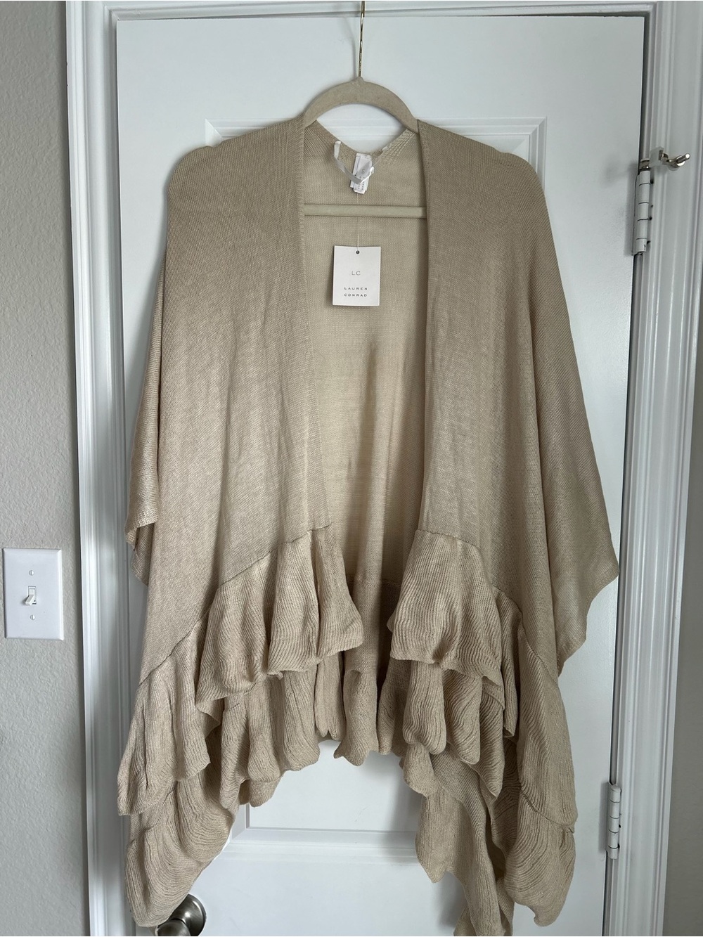 LC Lauren Conrad Beige Ruffle Hem Open-Front Poncho